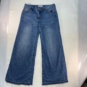 SONG Women Medium Wash Straight Wide Leg Denim Jeans Blue High Rise Classic